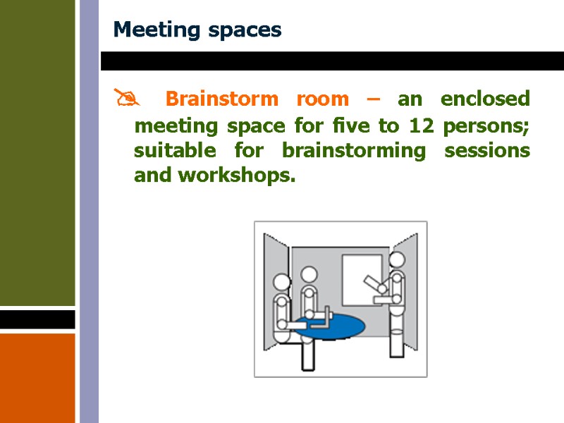Meeting spaces  Brainstorm room – an enclosed meeting space for five to 12